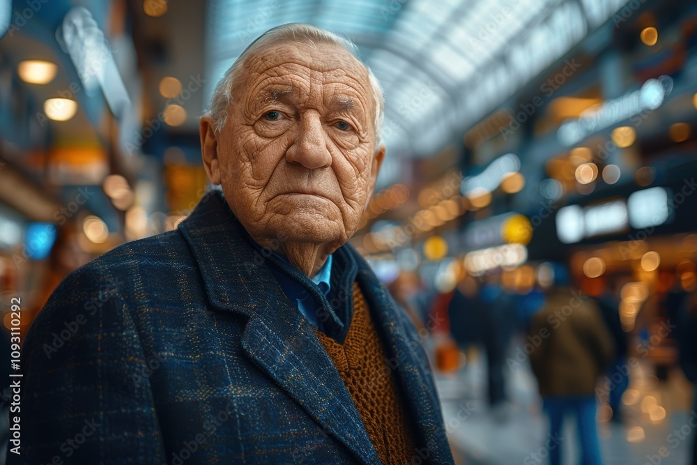 Elderly man in a bustling indoor setting, amidst people, reflecting deep thought and experience, illuminated by vibrant modern lighting in a lively atmosphere Elderly man in a bustling indoor setting, amidst people, reflecting deep thought and experience, illuminated by vibrant modern lighting in a lively atmosphere