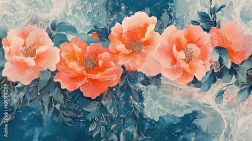 Beautiful Floral Composition with Vibrant Peonies Against a Blue Abstract Background Featuring Artistic Brushstrokes and Lush Greenery