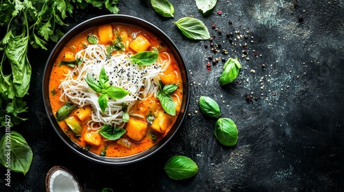 Delicious vegan noodle soup with fresh herbs modern kitchen food photography cozy atmosphere culinary delight