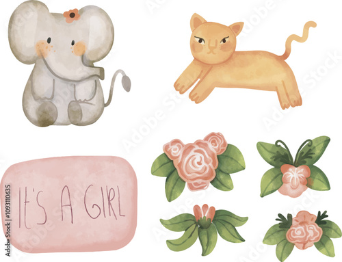 Watercolour illustration set of announcement "It's a Girl" in pink colors, Isolated clipart elements for design and decor. Watercolor elements for baby shower. Newborn party 