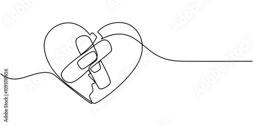 continuous one line drawing Sewn Broken Heart, Broken red love heart repaired with band aids, Broken Heart Mended with Plasters, Isolated Paper Heart Torn And Mend
