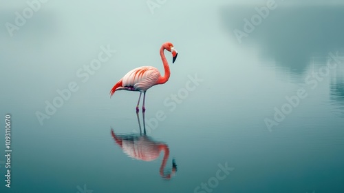 Elegant Flamingo Standing Alone in Calm Water at Dawn Captures the Essence of Nature's Serenity and Beauty, Perfect for Wildlife and Landscape Photography Themes photo