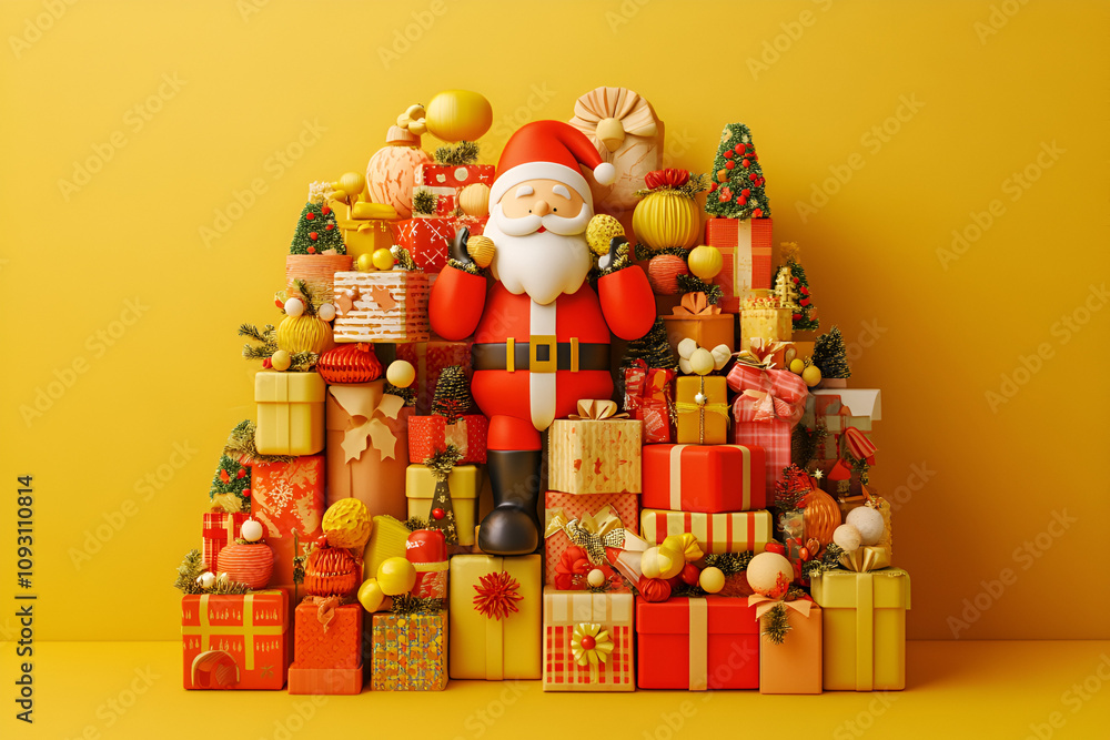 Naklejka premium Festive celebration of gifts featuring santa claus home holiday decor cheerful atmosphere vivid colors joyful spirit