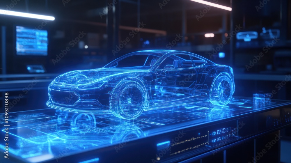 A 3D holographic car model spinning in mid-air, surrounded by virtual dashboard controls and blue holographic light beams, ultra-modern atmosphere A 3D holographic car model spinning in mid-air, surrounded by virtual dashboard controls and blue holographic light beams, ultra-modern atmosphere