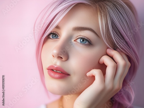 blond woman with pink hair and blue eyes posing for a picture.