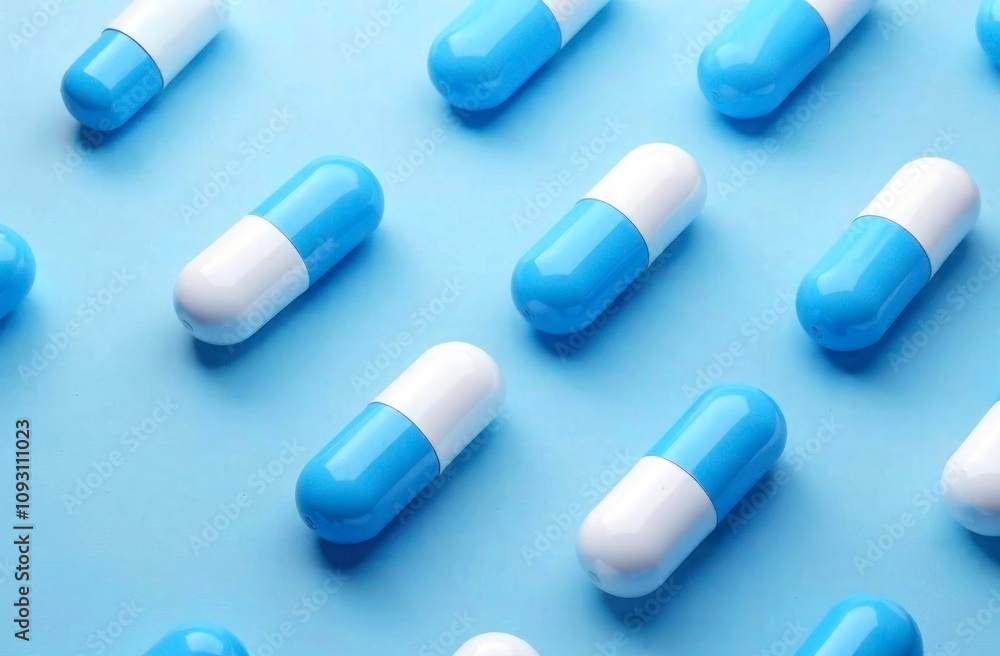 Capsules of blue and white colors are lined up neatly on a light blue surface in a well-lit environment Capsules of blue and white colors are lined up neatly on a light blue surface in a well-lit environment