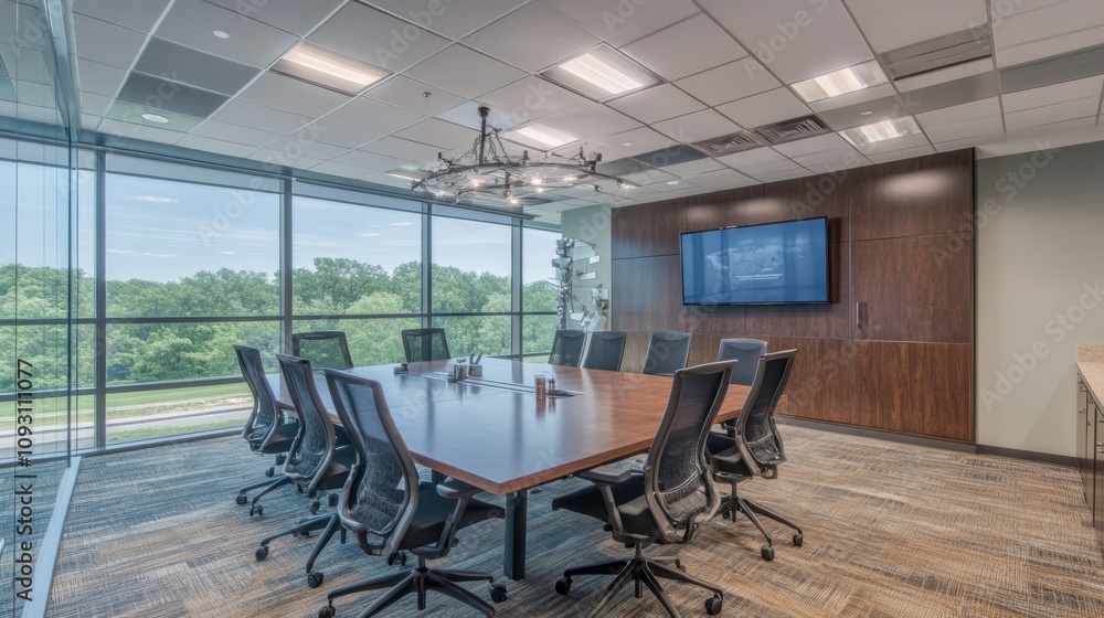 Modern Conference Room with Elegant Design and Panoramic Windows Overlooking Lush Green Landscape, Ideal for Professional Meetings and Collaborations Modern Conference Room with Elegant Design and Panoramic Windows Overlooking Lush Green Landscape, Ideal for Professional Meetings and Collaborations