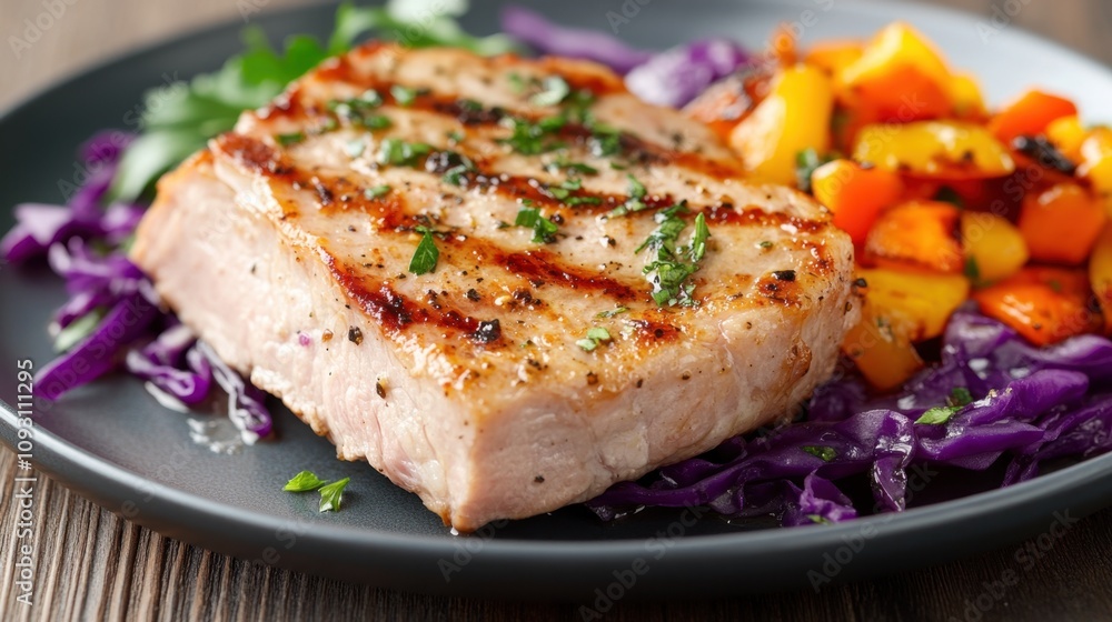 Grilled Salmon Fillet with Fresh Herbs Served on a Plate with Colorful Roasted Vegetables and Shredded Red Cabbage for a Delicious Meal Grilled Salmon Fillet with Fresh Herbs Served on a Plate with Colorful Roasted Vegetables and Shredded Red Cabbage for a Delicious Meal