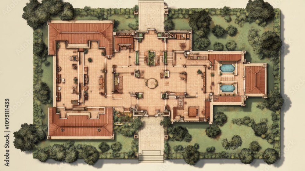 Fototapeta premium Stunning Aerial View of a Luxurious Estate Layout Showcasing Elegant Architecture Within Sprawling Landscaped Gardens and Serene Pool Areas Under Bright Sunlight