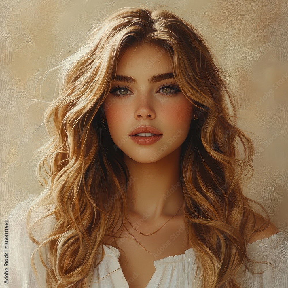 Captivating Portrait of a Young Woman with Beautiful Long Hair and Soft Makeup, Set Against an Elegant Neutral Background, Perfect for Beauty or Fashion Projects Captivating Portrait of a Young Woman with Beautiful Long Hair and Soft Makeup, Set Against an Elegant Neutral Background, Perfect for Beauty or Fashion Projects