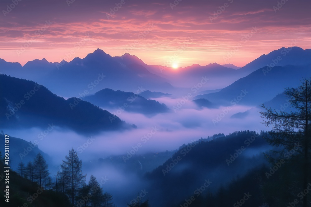 Pink and purple sunrise illuminates a foggy valley surrounded by majestic mountains and silhouettes of coniferous trees, creating a breathtaking natural landscape Pink and purple sunrise illuminates a foggy valley surrounded by majestic mountains and silhouettes of coniferous trees, creating a breathtaking natural landscape