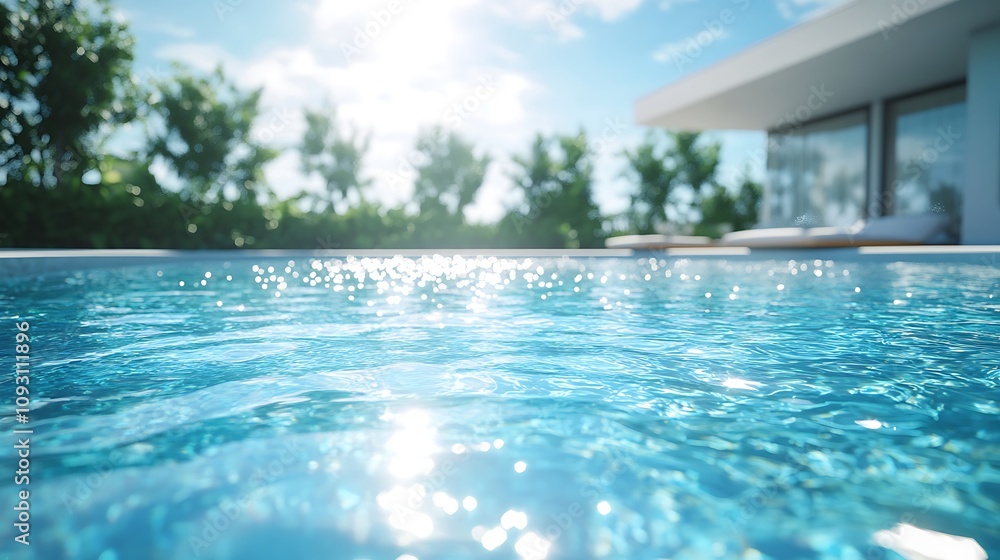 Crystal clear water of an outdoor pool, sparkling under bright sunlight, vibrant reflections of the blue summer sky, calm water surface, clean and refreshing vibe, photorealistic details, Crystal clear water of an outdoor pool, sparkling under bright sunlight, vibrant reflections of the blue summer sky, calm water surface, clean and refreshing vibe, photorealistic details,