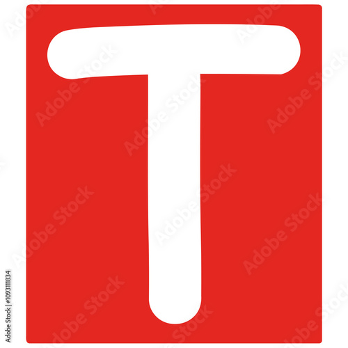 white letter t on red rectangle background