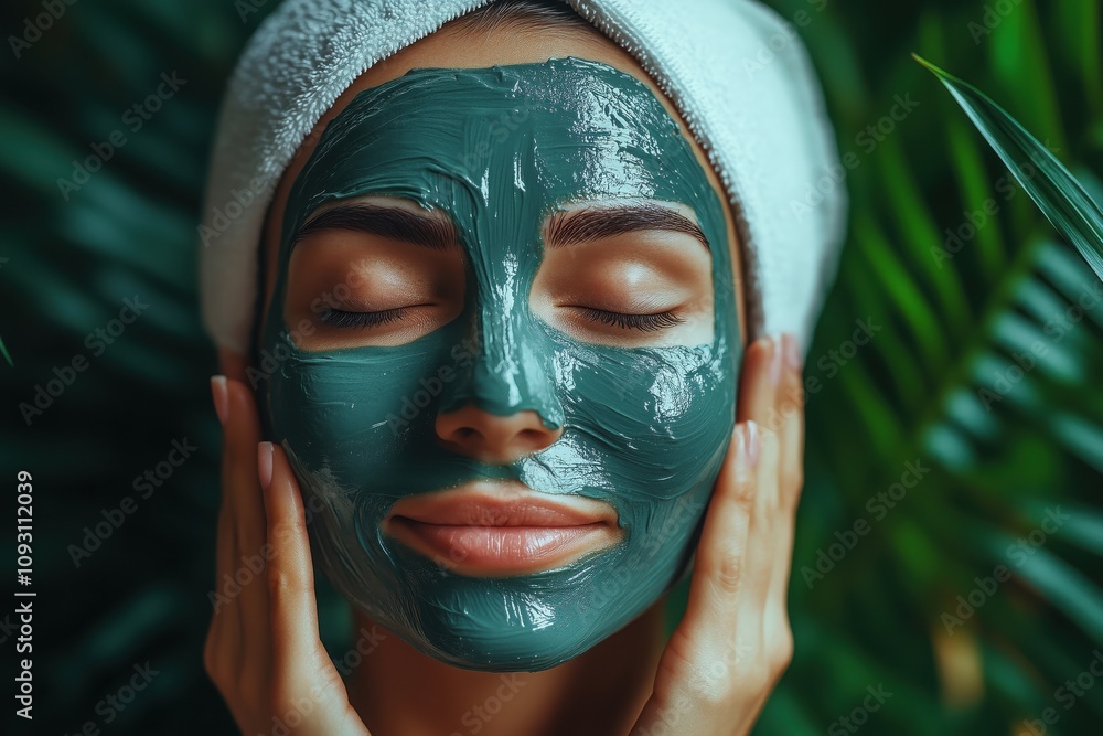 Woman wearing a head towel and applying a green clay mask with her eyes closed, enjoying a spa treatment in a lush, green environment Woman wearing a head towel and applying a green clay mask with her eyes closed, enjoying a spa treatment in a lush, green environment