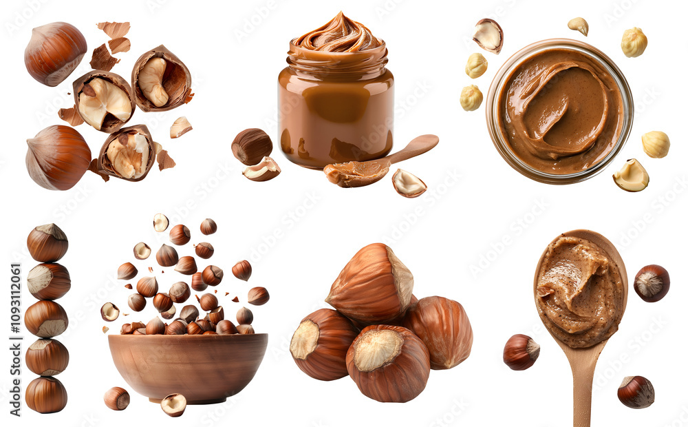 Hazelnut cobnuts filberts nut seed fruit kernel, many angles and view side top bowl spoon stack jar Butter spread, shell, fly piece, isolated on transparent cutout PNG. Mockup template for design Hazelnut cobnuts filberts nut seed fruit kernel, many angles and view side top bowl spoon stack jar Butter spread, shell, fly piece, isolated on transparent cutout PNG. Mockup template for design