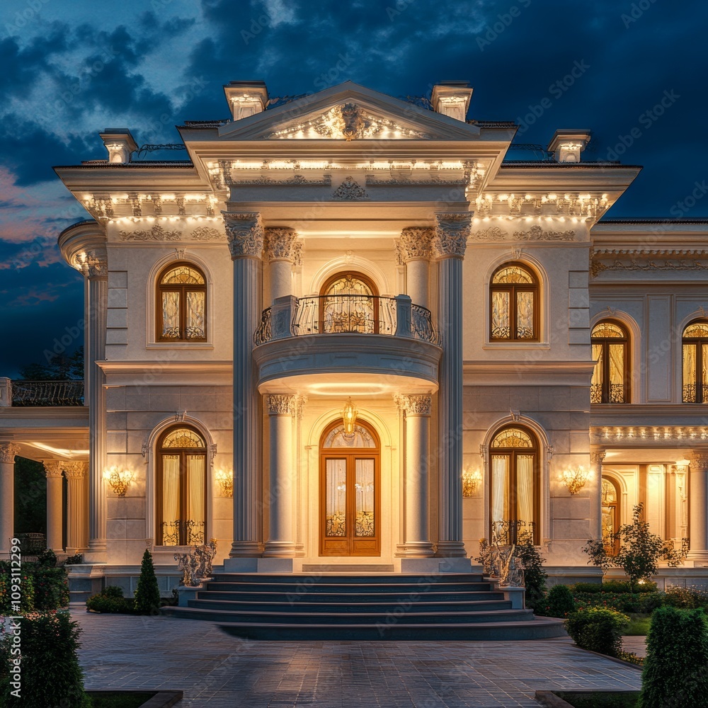 Obraz premium Elegant Mansion Illuminated at Dusk Showcasing Intricate Architecture and Lush Landscaping in a Serene Residential Neighborhood