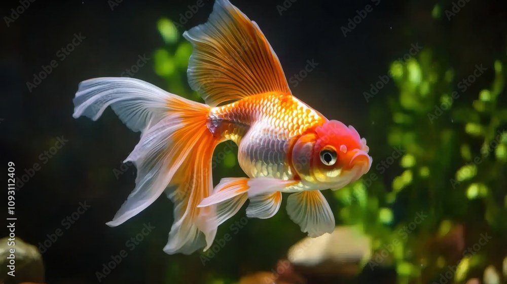 Vibrant Goldfish Swimming Gracefully in a Lush Aquarium Environment Surrounded by Plants and Rocks, Showcasing Its Striking Colors and Fins Vibrant Goldfish Swimming Gracefully in a Lush Aquarium Environment Surrounded by Plants and Rocks, Showcasing Its Striking Colors and Fins