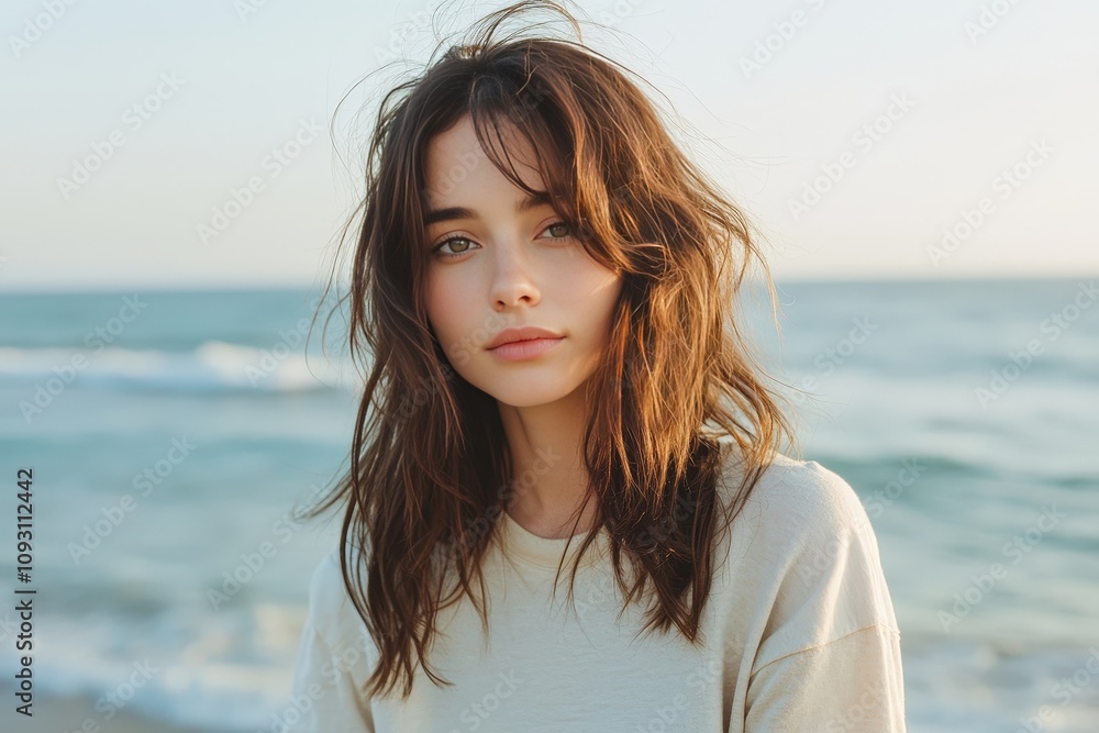 Serene Mid-Adult Woman Standing by the Ocean, Gazing Towards the Horizon, Capturing a Moment of Reflection and Peace in Nature's Beauty Serene Mid-Adult Woman Standing by the Ocean, Gazing Towards the Horizon, Capturing a Moment of Reflection and Peace in Nature's Beauty