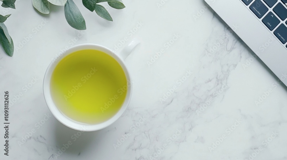 A serene workspace featuring a white cup of green tea next to a sleek laptop on a modern marble desk, with green leaves providing a fresh touch to the scene A serene workspace featuring a white cup of green tea next to a sleek laptop on a modern marble desk, with green leaves providing a fresh touch to the scene