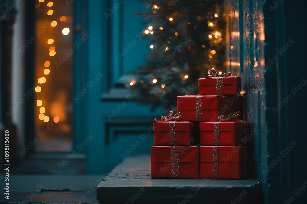 Christmas gift boxes waiting by a door festive streets holiday decor evening glow magical atmosphere for seasonal joy Christmas gift boxes waiting by a door festive streets holiday decor evening glow magical atmosphere for seasonal joy
