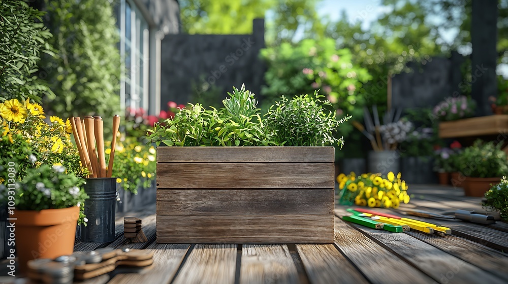 Fototapeta premium Gardening action outdoor garden plant box natural setting close-up perspective