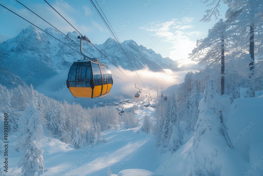 Sunrise ascent: yellow cable cars carrying skiers up a snowy mountainside to a ski resort amidst a picturesque winter landscape of snow-covered trees Sunrise ascent: yellow cable cars carrying skiers up a snowy mountainside to a ski resort amidst a picturesque winter landscape of snow-covered trees
