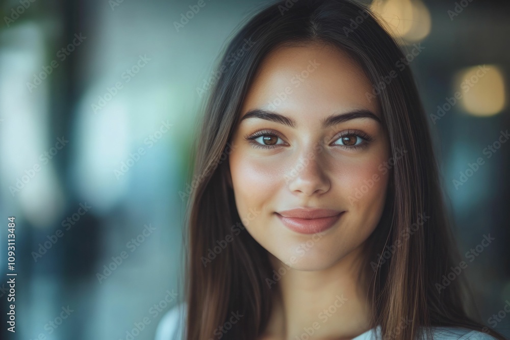 Close-up headshot Confident European young woman, good looking teenager, middle aged leader, businesswoman, CEO on blurred office background. Beautiful young European businesswoman smiles at thecamera Close-up headshot Confident European young woman, good looking teenager, middle aged leader, businesswoman, CEO on blurred office background. Beautiful young European businesswoman smiles at thecamera