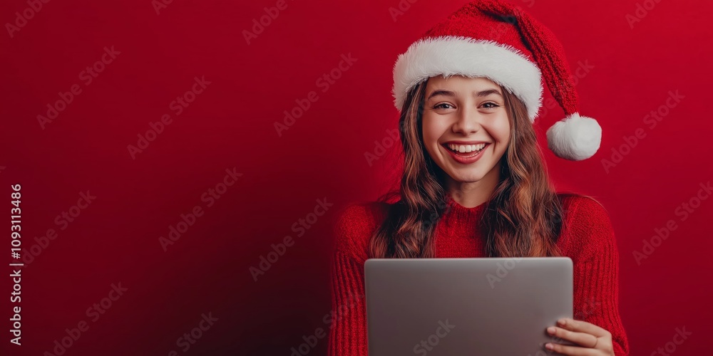 A woman in a red sweater is holding a laptop and smiling. Concept of warmth and happiness, as the woman is enjoying her time with the laptop A woman in a red sweater is holding a laptop and smiling. Concept of warmth and happiness, as the woman is enjoying her time with the laptop