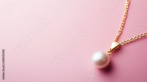 Elegant Gold Necklace Featuring a Lustrous Pearl on a Soft Pink Background, Perfect for Fashion and Jewelry Advertisements and Promotions