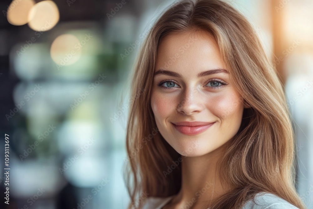 Close-up headshot Confident European young woman, good looking teenager, middle aged leader, businesswoman, CEO on blurred office background. Beautiful young European businesswoman smiles at thecamera Close-up headshot Confident European young woman, good looking teenager, middle aged leader, businesswoman, CEO on blurred office background. Beautiful young European businesswoman smiles at thecamera