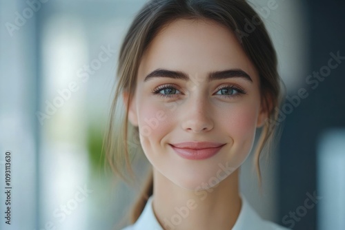 Close-up headshot Confident European young woman, good looking teenager, middle aged leader, businesswoman, CEO on blurred office background. Beautiful young European businesswoman smiles at thecamera