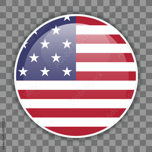 Shiny round flag of the USA on checkered background. Icon for mobile apps, UI or web design