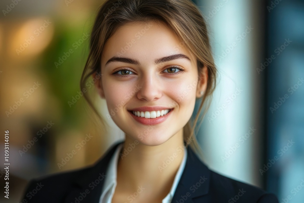 Close-up headshot Confident European young woman, good looking teenager, middle aged leader, businesswoman, CEO on blurred office background. Beautiful young European businesswoman smiles at thecamera Close-up headshot Confident European young woman, good looking teenager, middle aged leader, businesswoman, CEO on blurred office background. Beautiful young European businesswoman smiles at thecamera