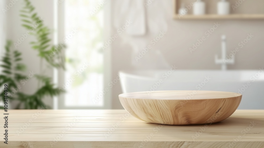 Blurred background of a wooden bowl on a bathroom table, ideal for displaying cosmetics and toiletries Blurred background of a wooden bowl on a bathroom table, ideal for displaying cosmetics and toiletries