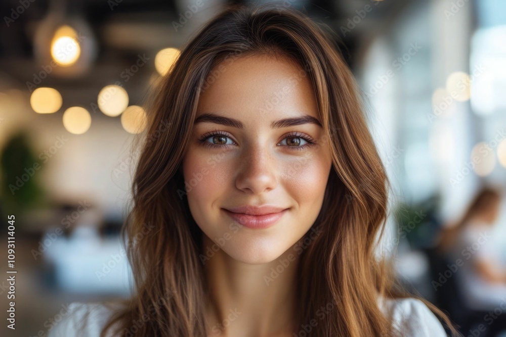 Close-up headshot Confident European young woman, good looking teenager, middle aged leader, businesswoman, CEO on blurred office background. Beautiful young European businesswoman smiles at thecamera Close-up headshot Confident European young woman, good looking teenager, middle aged leader, businesswoman, CEO on blurred office background. Beautiful young European businesswoman smiles at thecamera