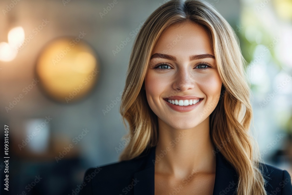 Close-up headshot Confident European young woman, good looking teenager, middle aged leader, businesswoman, CEO on blurred office background. Beautiful young European businesswoman smiles at thecamera Close-up headshot Confident European young woman, good looking teenager, middle aged leader, businesswoman, CEO on blurred office background. Beautiful young European businesswoman smiles at thecamera