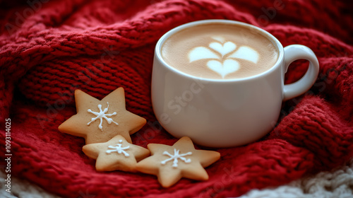 Winter cappuccino coffee in white cup with christmas cookies. Winter cappuccino coffee in a white cup with star shaped christmas cookies and warm scarf