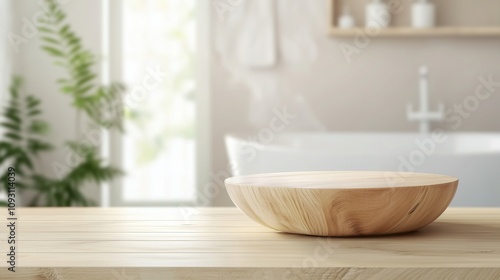 Blurred background of a wooden bowl on a bathroom table, ideal for displaying cosmetics and toiletries