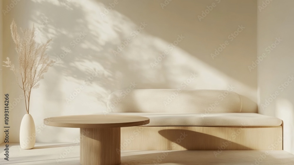 Fototapeta premium Modern Scandinavian Interior with Wooden Table, Beige Sofa, and Natural Wood Elements