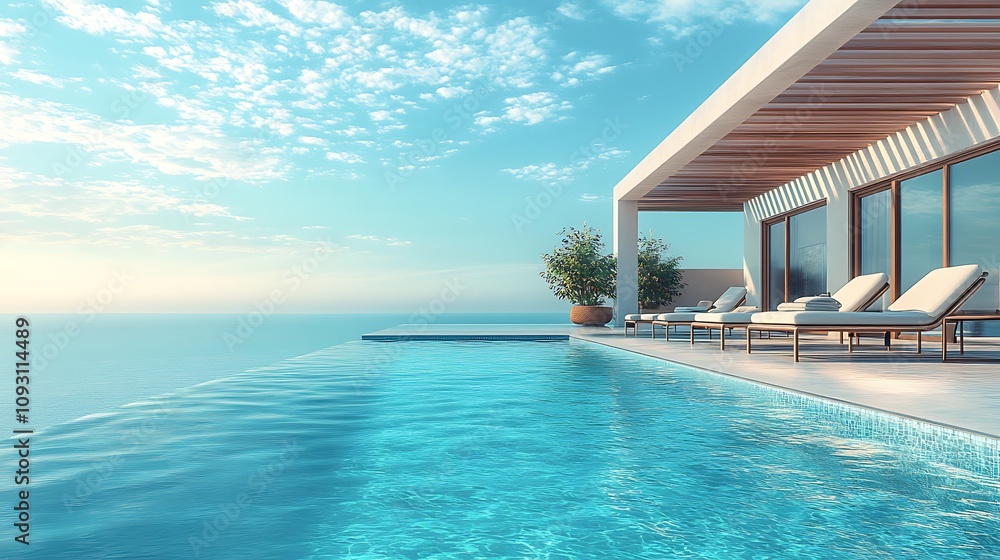 Fototapeta premium Elegant outdoor pool design, clean lines and minimalist features, sun loungers positioned under a sleek pergola, clear blue water glistening in sunlight, tranquil atmosphere, photorealistic details,