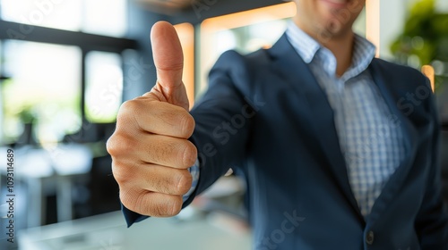 Closeup of a hand showing thumbs up in a business environment