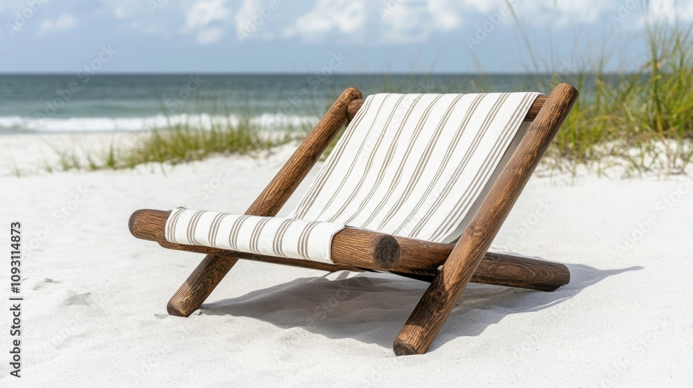 Relaxing Beach Chair on Sandy Shore with Ocean Waves and Blue Sky, Perfect for Summer Vibes and Coastal Getaways, Evoking Serenity and Leisure Time Relaxing Beach Chair on Sandy Shore with Ocean Waves and Blue Sky, Perfect for Summer Vibes and Coastal Getaways, Evoking Serenity and Leisure Time