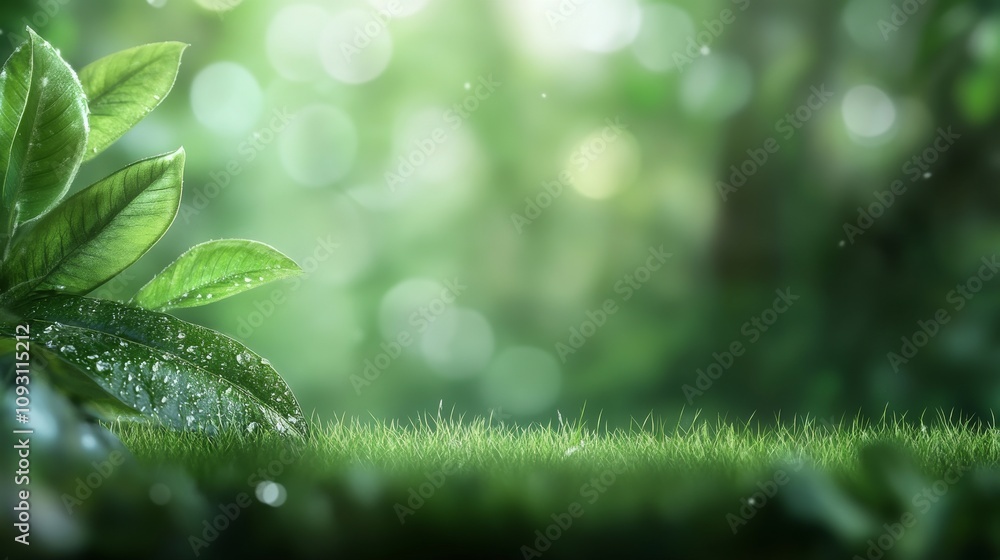 Naklejka premium Lush Green Leaves with Water Drops Glimmering in Natural Light, Fresh Grass in Soft Focus, Creating a Peaceful and Inviting Outdoor Atmosphere