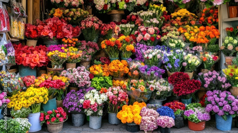 Fototapeta premium Colorful Flower Arrangements In A Flower Shop