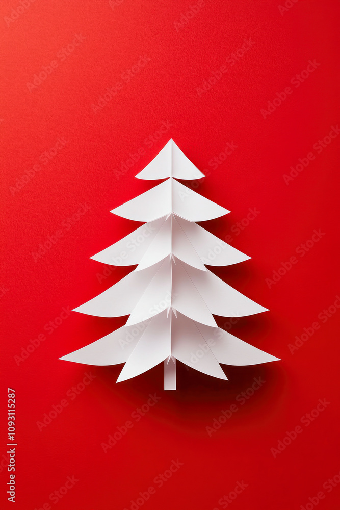 White paper cut Christmas tree on vibrant red background for festive decor. Generative AI White paper cut Christmas tree on vibrant red background for festive decor. Generative AI