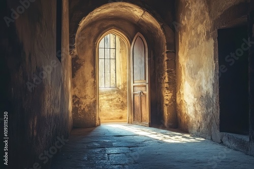 Sunlight Illuminates Ancient Stone Corridor Doorway