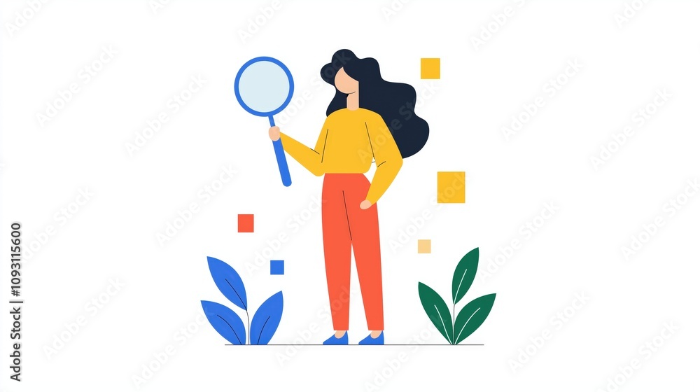 A woman holds a magnifying glass, surrounded by colorful shapes and plants, symbolizing exploration and discovery. A woman holds a magnifying glass, surrounded by colorful shapes and plants, symbolizing exploration and discovery.
