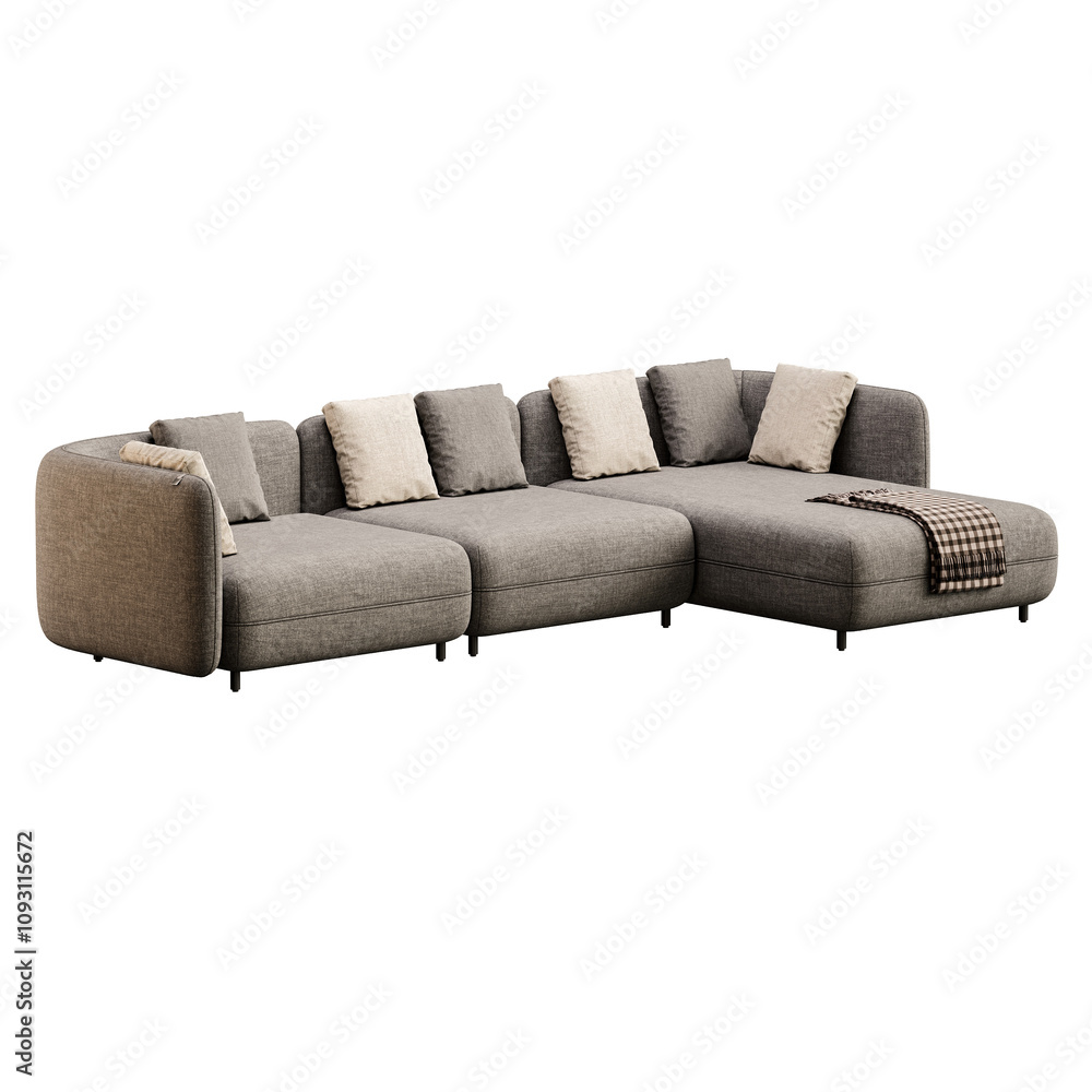 Obraz premium A gray sectional sofa with pillows and a blanket on it
