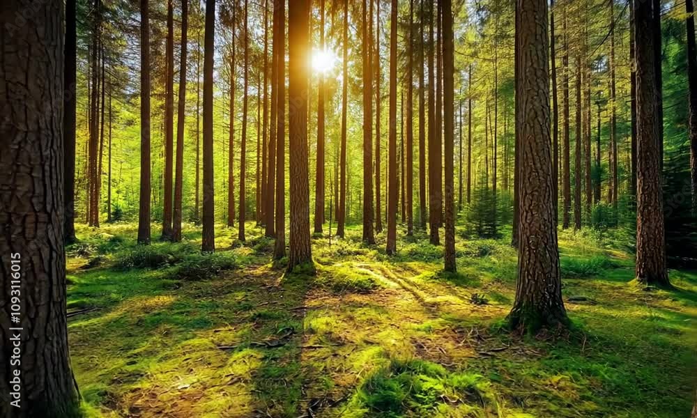 Sunlit forest with tall trees and mossy ground. Sunlit forest with tall trees and mossy ground.