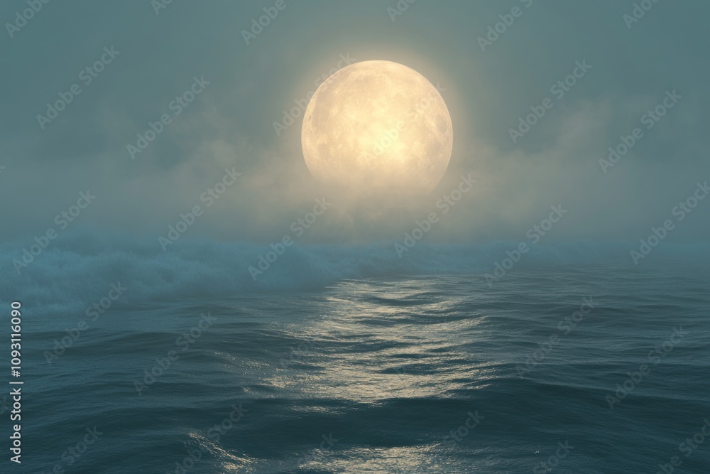 Full Moon Over Foggy Ocean Waves At Night Full Moon Over Foggy Ocean Waves At Night